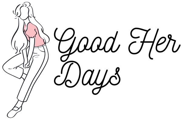 Logo for 'Good Her Days' with a stylized woman in a pink bra and leggings on a white background.